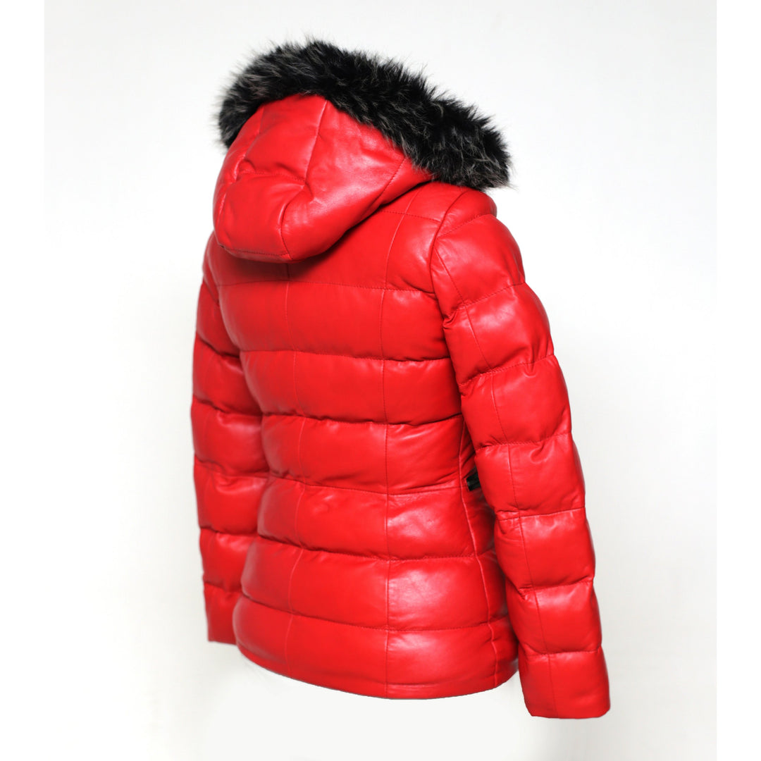 Women's Striking Puffer Arctic Red Down Leather Jacket with Fur