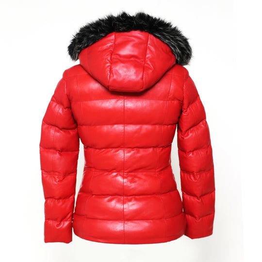 Women's Striking Puffer Arctic Red Down Leather Jacket with Fur