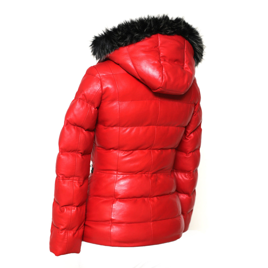 Women's Striking Puffer Arctic Red Down Leather Jacket with Fur