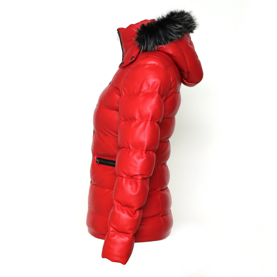 Women's Striking Puffer Arctic Red Down Leather Jacket with Fur