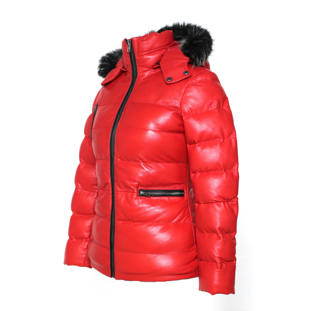 Women's Striking Puffer Arctic Red Down Leather Jacket with Fur