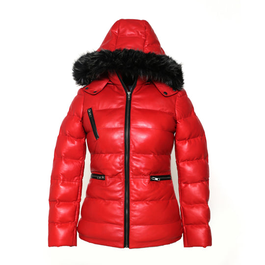 Women's Striking Puffer Arctic Red Down Leather Jacket with Fur