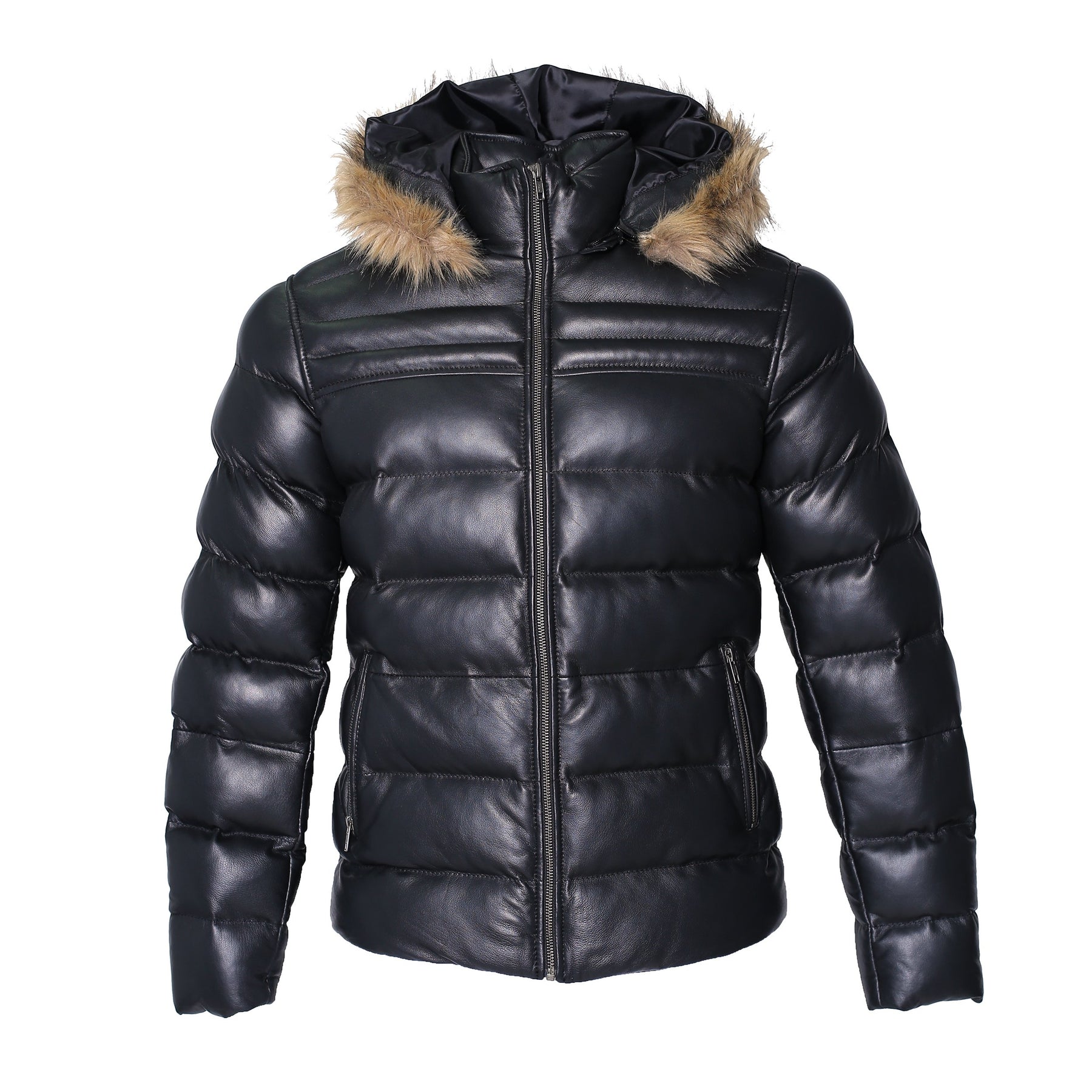 Men's Crimson Black Puffer Winter Down Leather Jacket with Fur – KAEFY ...