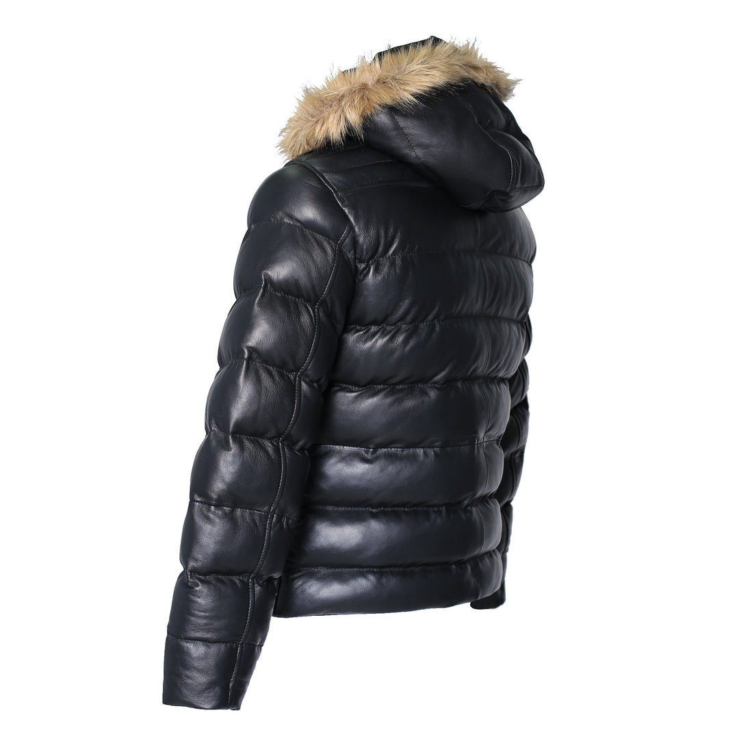 Men's Crimson Black Puffer Winter Down Leather Jacket with Fur