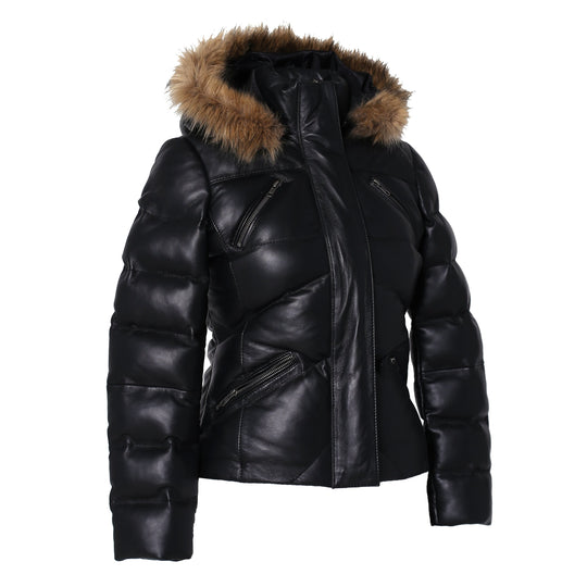 Women's Joselyn Black Puffer Winter Down Leather Jacket with Fur