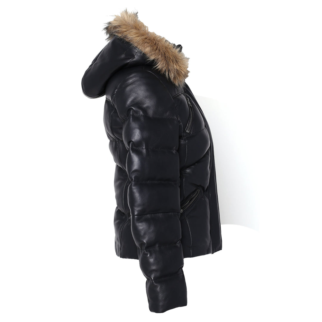 Women's Joselyn Black Puffer Winter Down Leather Jacket with Fur