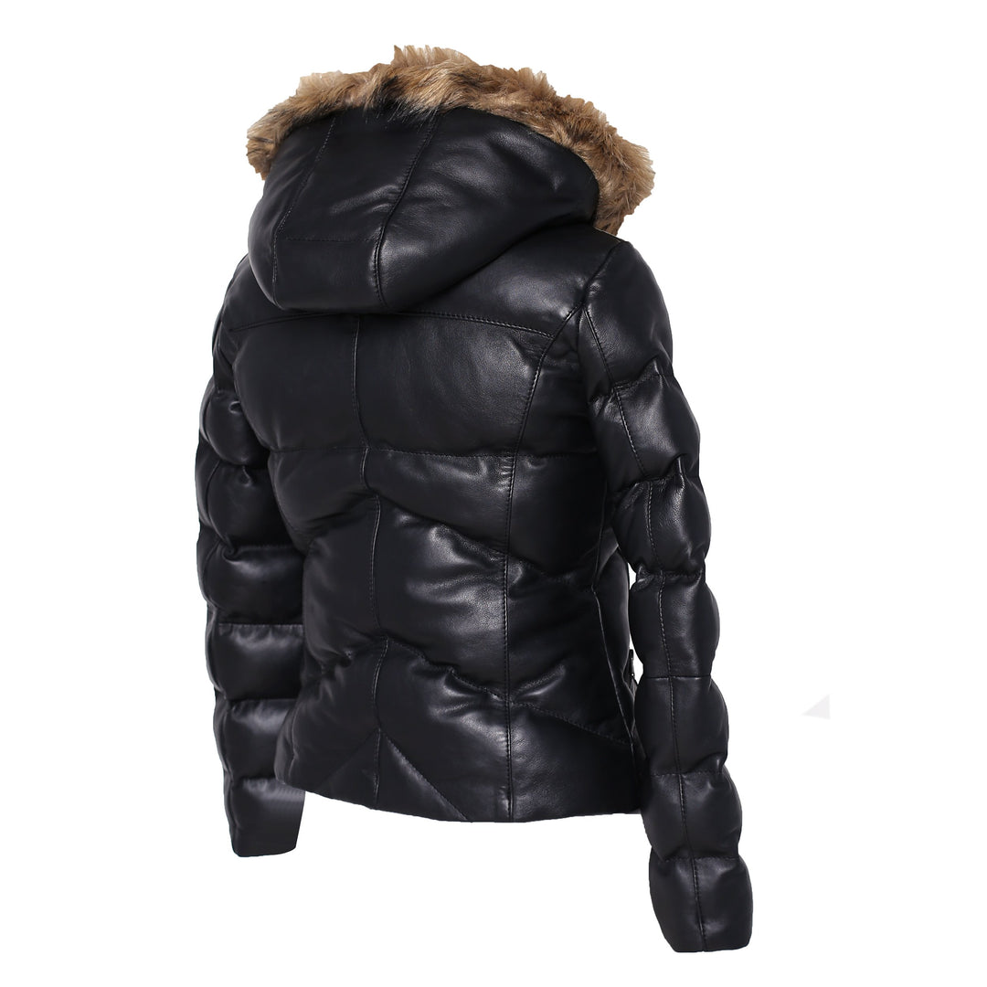 Women's Joselyn Black Puffer Winter Down Leather Jacket with Fur