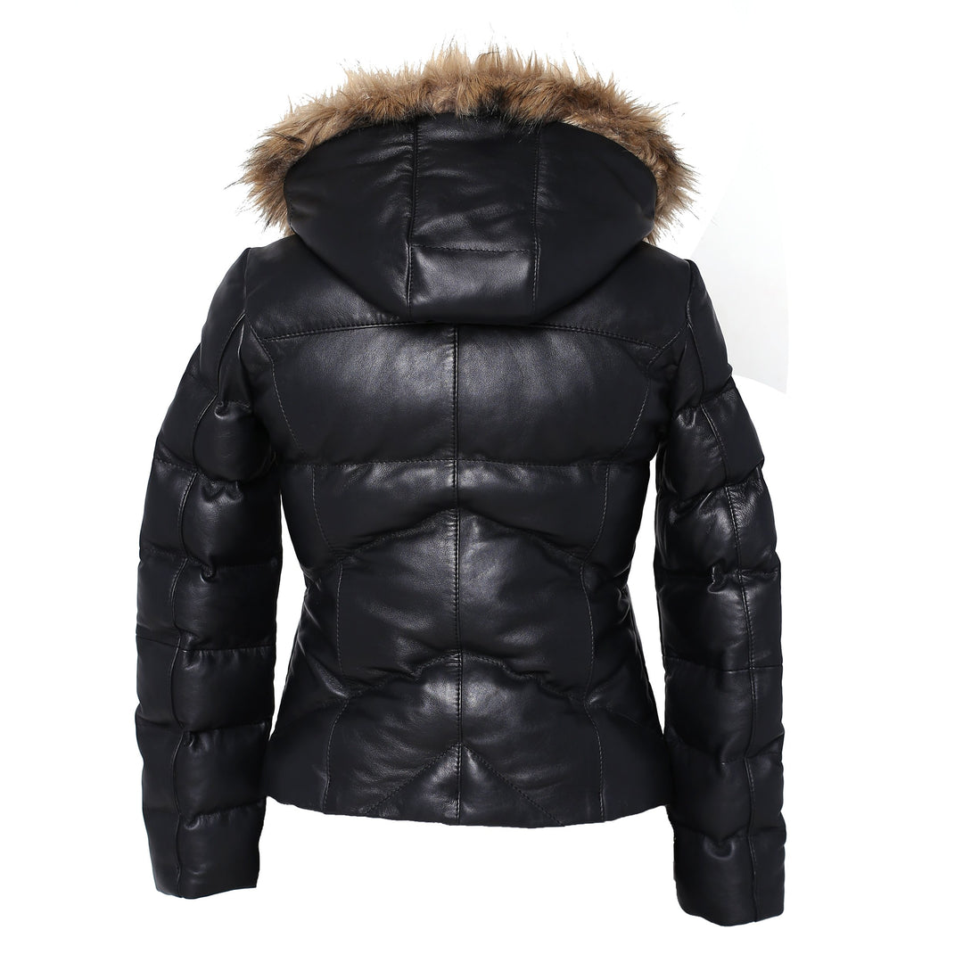 Women's Joselyn Black Puffer Winter Down Leather Jacket with Fur