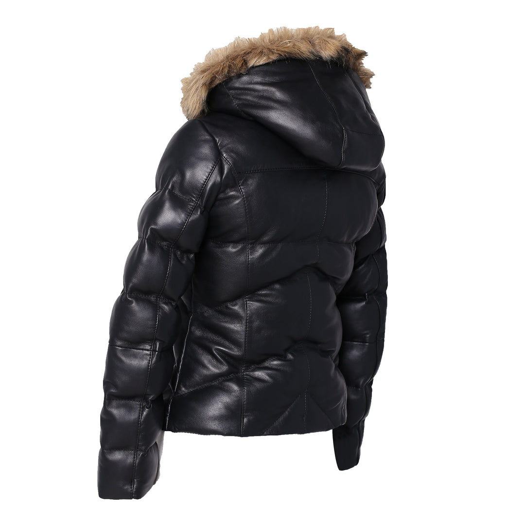 Women's Joselyn Black Puffer Winter Down Leather Jacket with Fur