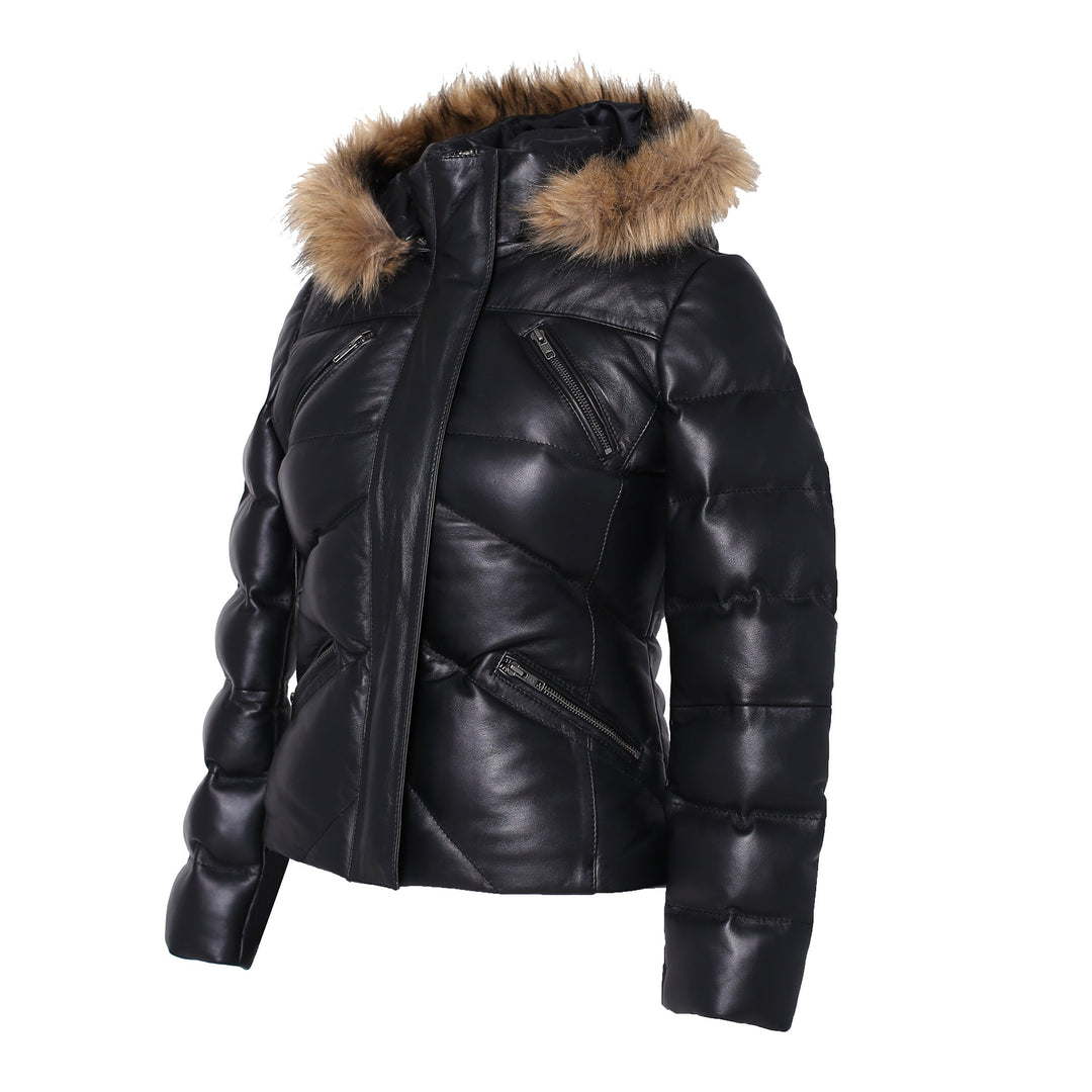 Women's Joselyn Black Puffer Winter Down Leather Jacket with Fur