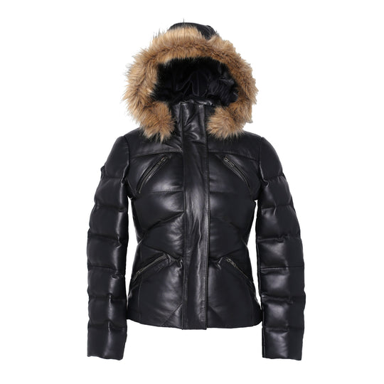 Women's Joselyn Black Puffer Winter Down Leather Jacket with Fur