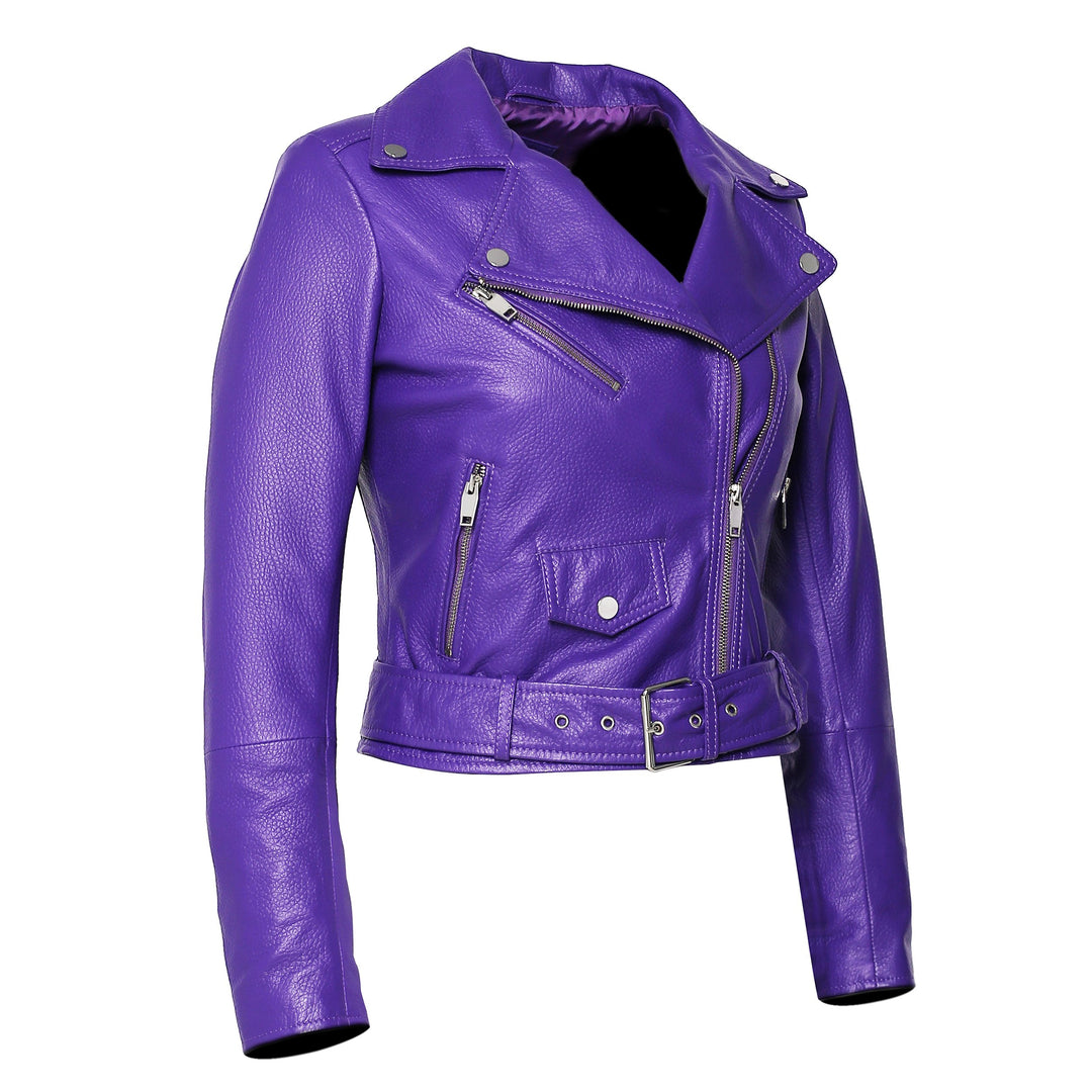 Womens Moto Nappa in Deerskin Emboss Print Purple Leather Jacket