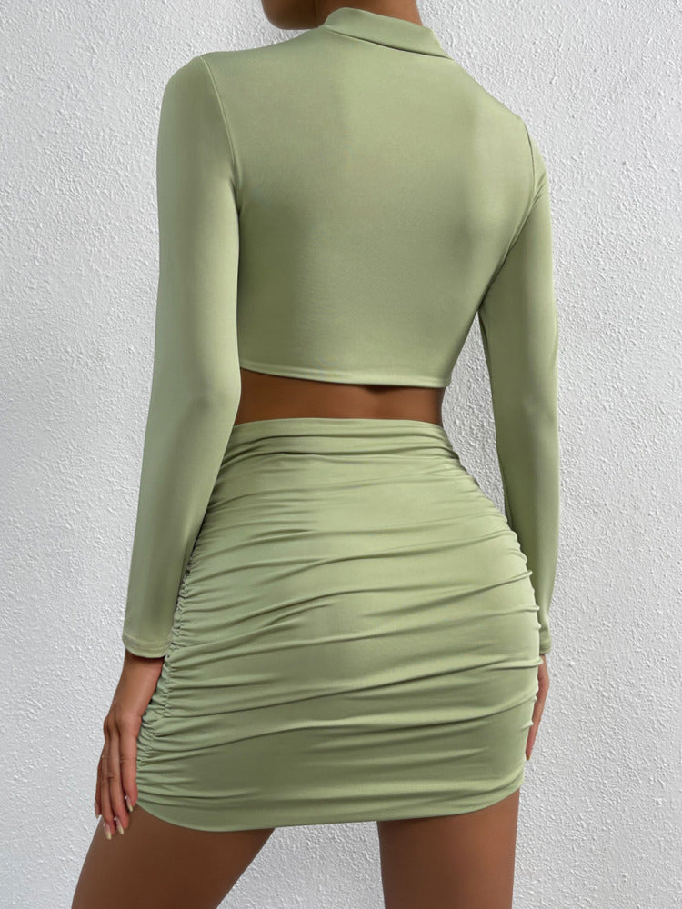 Hollow out Ruched Long Sleeves Crop Top And Mini Skirt