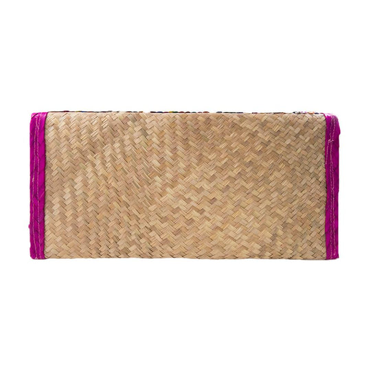 Straw Clutch Bag with Sequin Stripes & Pink Trim