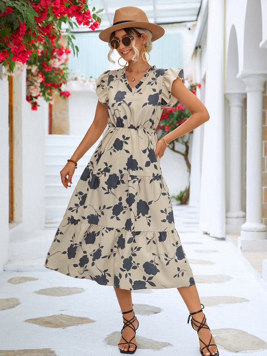 Floral Print Flounce Sleeve Dress