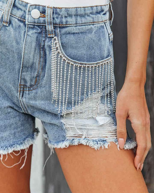 Casual Frayed Denim Shorts with Chain and Tassels