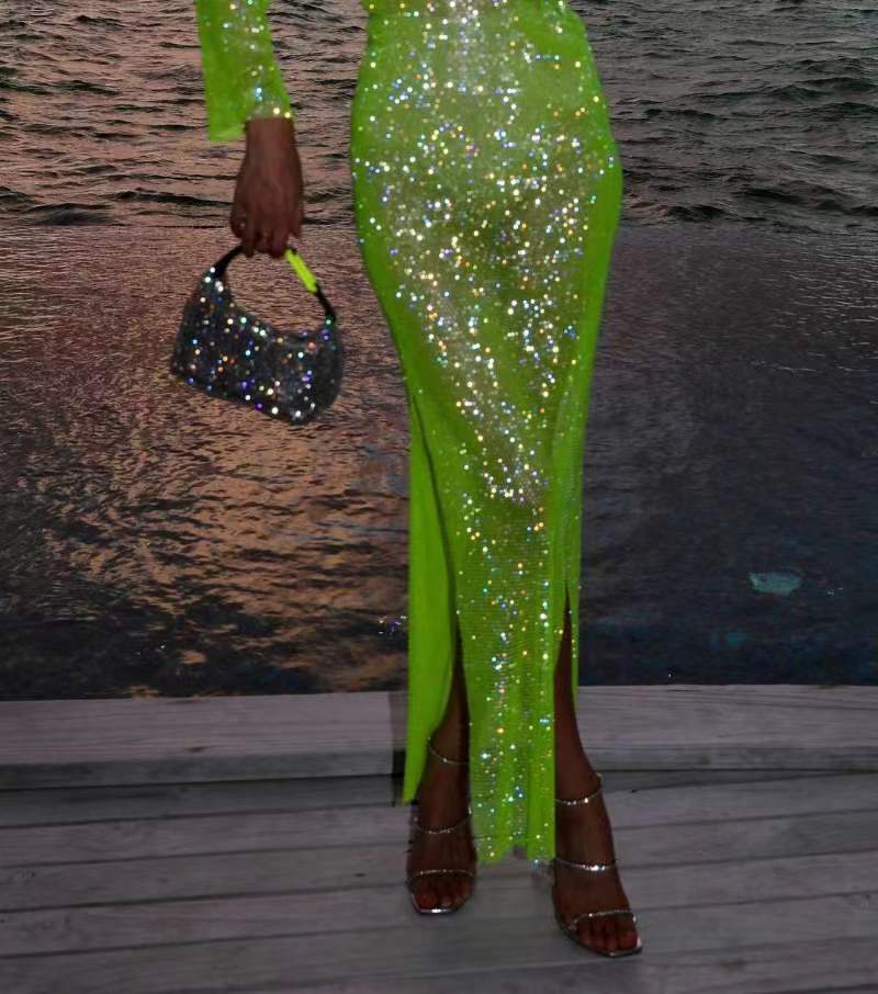 Sparkling Sheer Prom Long Sleeve Dress with High Slit