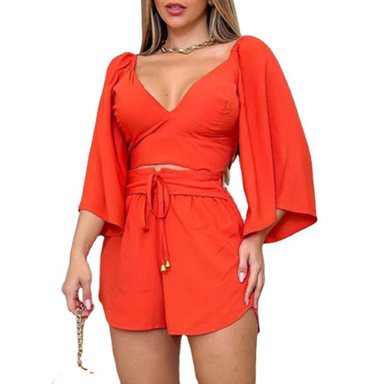 V-neck Backless Bell Sleeve Shirt and High-waisted Shorts  Suit