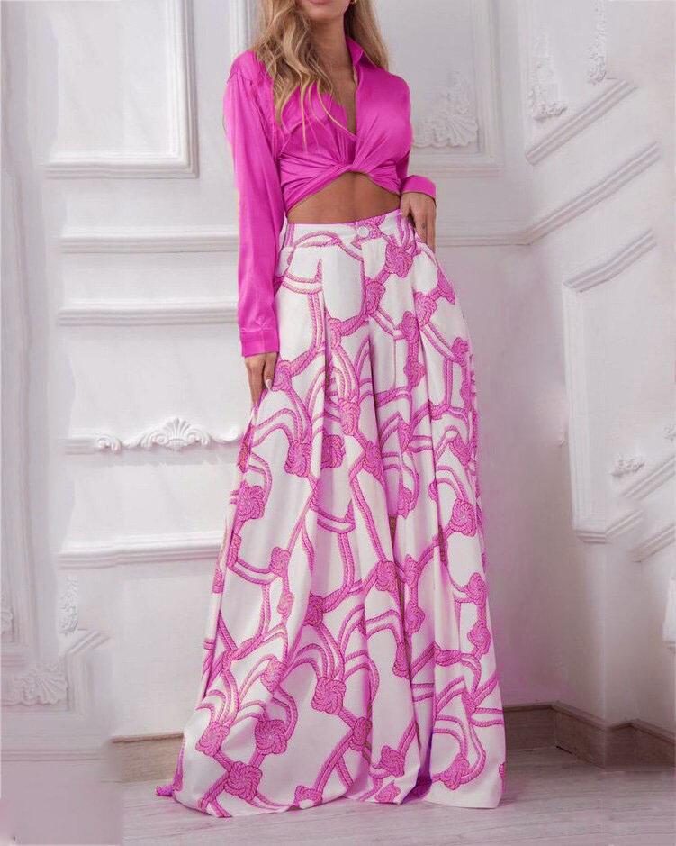 Print Casual Suit Top and Wide-leg Pants