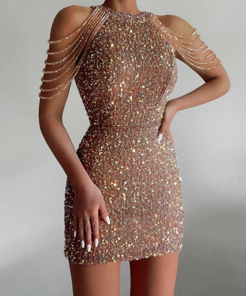 Sexy Crystal Fringe Halter Glitter Bodycon Dress