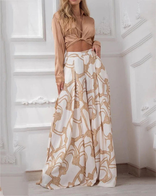 Print Casual Suit Top and Wide-leg Pants
