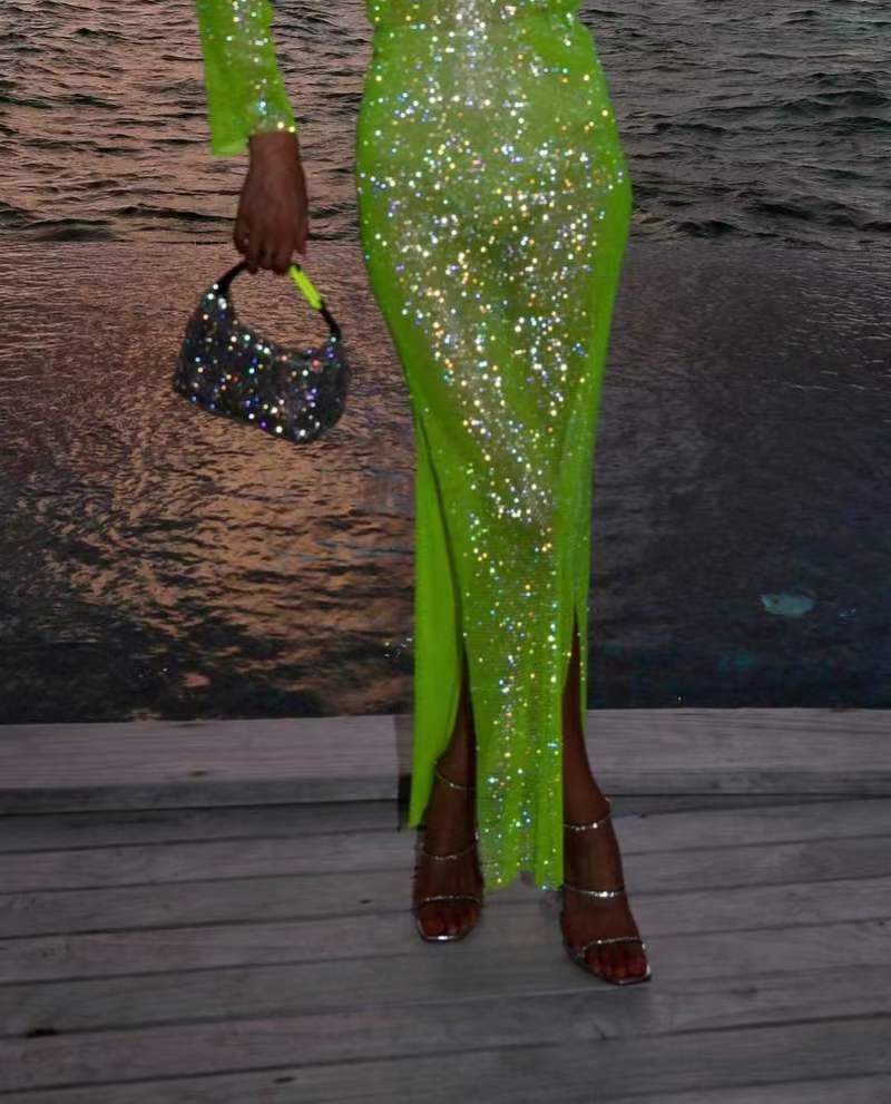 Sparkling Sheer Prom Long Sleeve Dress with High Slit