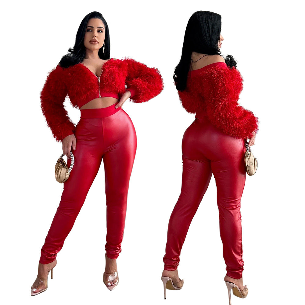 Long Sleeve Furry Short Top With Slim Trousers Two-piece Set For Women