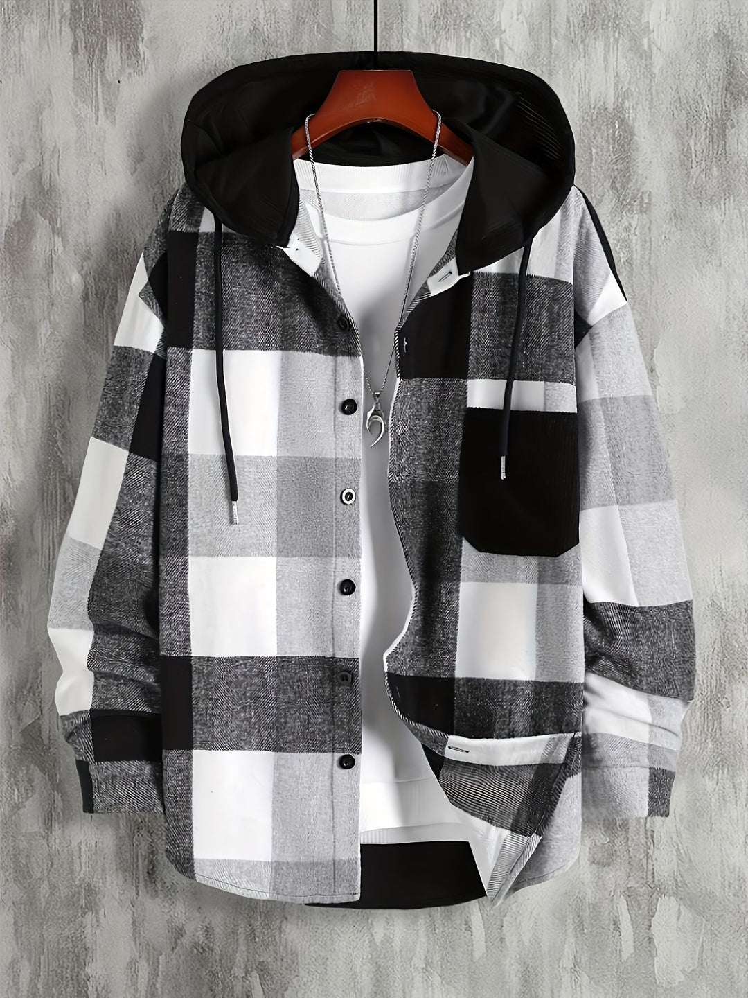Men's Thickened Outer Wear Plaid Hooded Pocket Long Sleeve Shirt