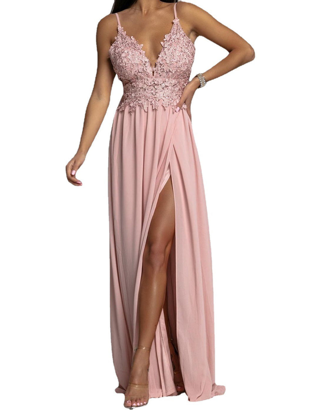 V-neck Chiffon Patchwork Evening Dress