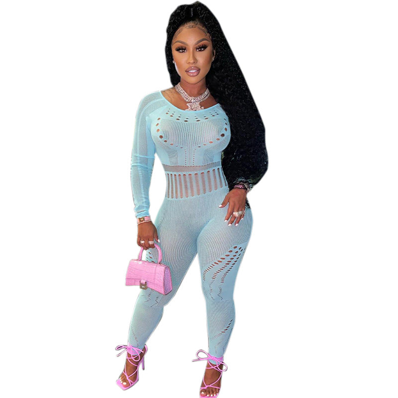 long-sleeved tight-fitting hollow perspective jumpsuit
