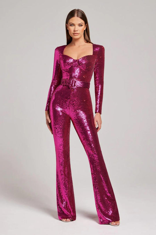 Long Sleeve Sparkly Belted Jumpsuit