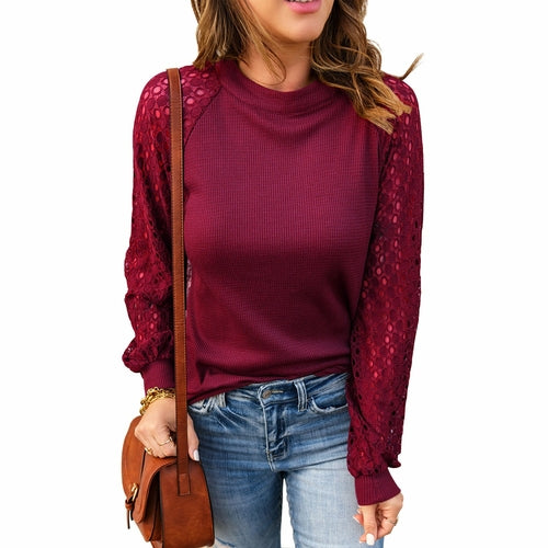Sequin Long Sleeve Pullover Solid Round Neck Blouse