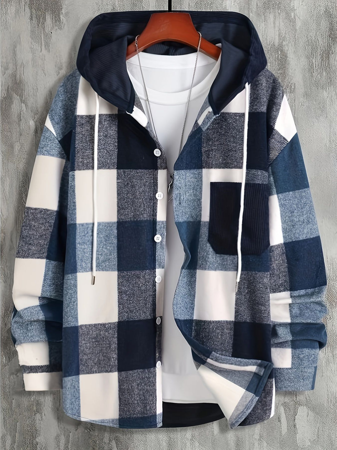Men's Thickened Outer Wear Plaid Hooded Pocket Long Sleeve Shirt