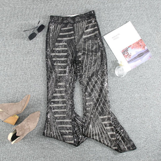 Sparkling High Waist Flared Pants Slimming Wide Leg  Trousers