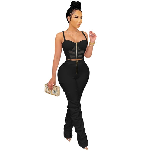 Camisole Wrapped Bust Zipper Vest and Pants Set