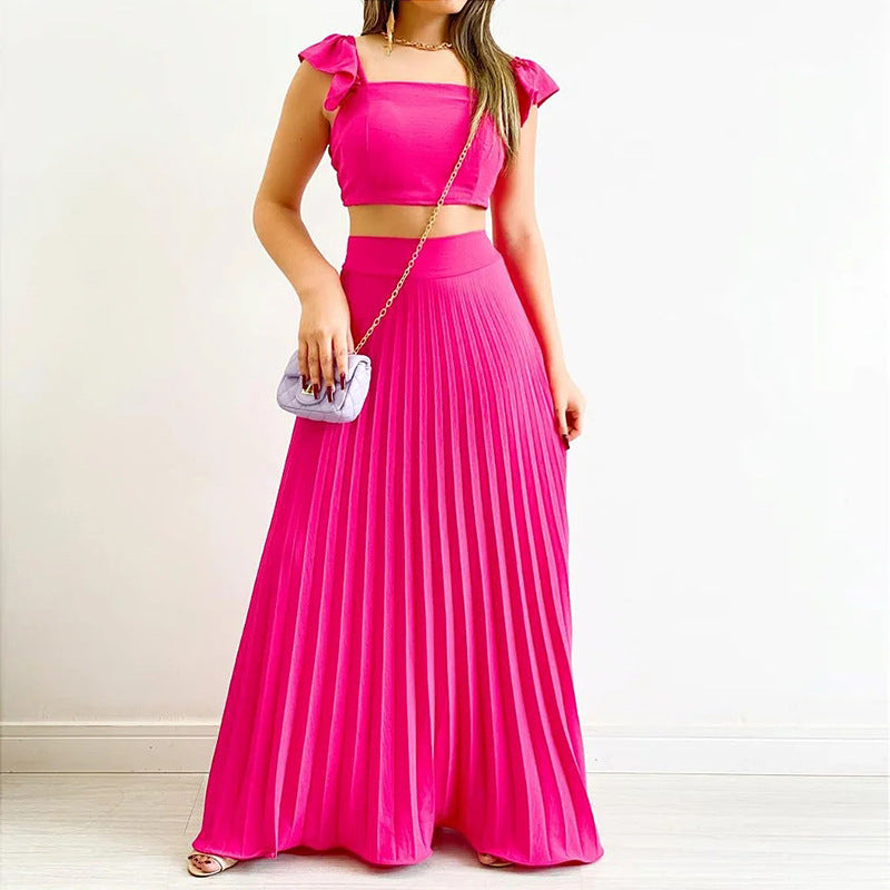 Solid Color Crop Top and Pleated Midi Skirt Set