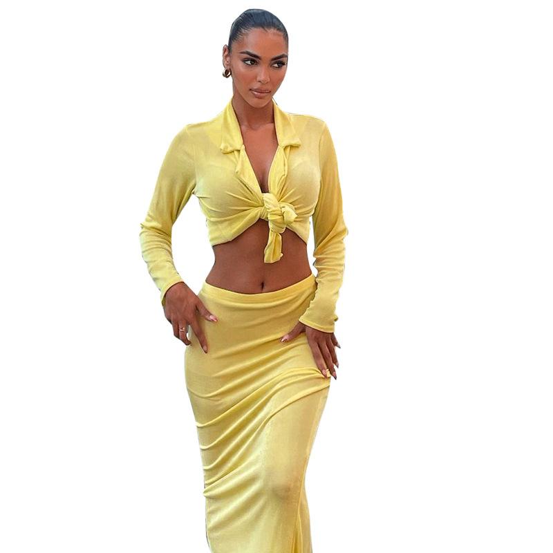 Sexy Two Piece Set Solid Long Sleeve Knotted Shirt Maxi Skirts Womens