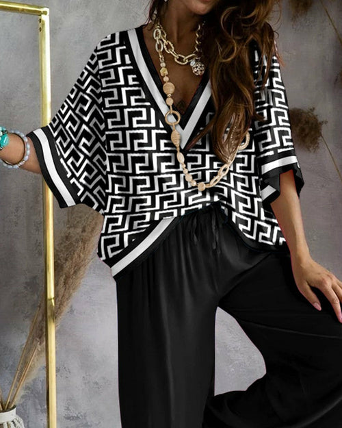 Printed Batwing Sleeve Casual Top and Wide Leg Pants Set