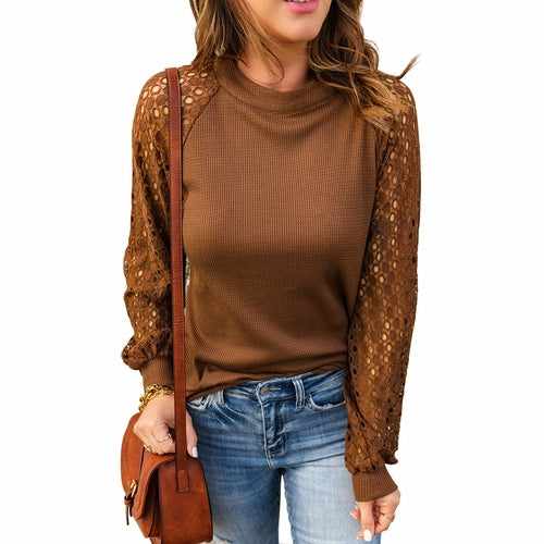 Sequin Long Sleeve Pullover Solid Round Neck Blouse
