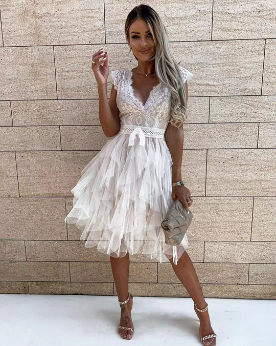 Solid Color Lace Mesh V-Neck Sleeveless Dress