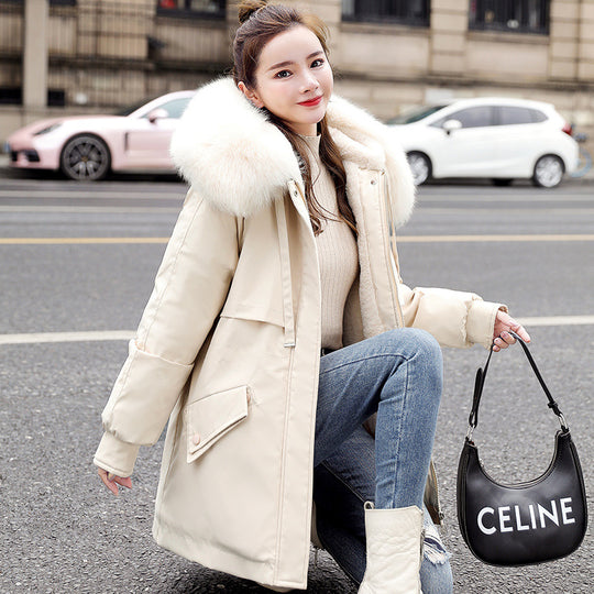New Fleece-lined Mid-length Big Fur Collar Thicken Cotton Clothes Coat