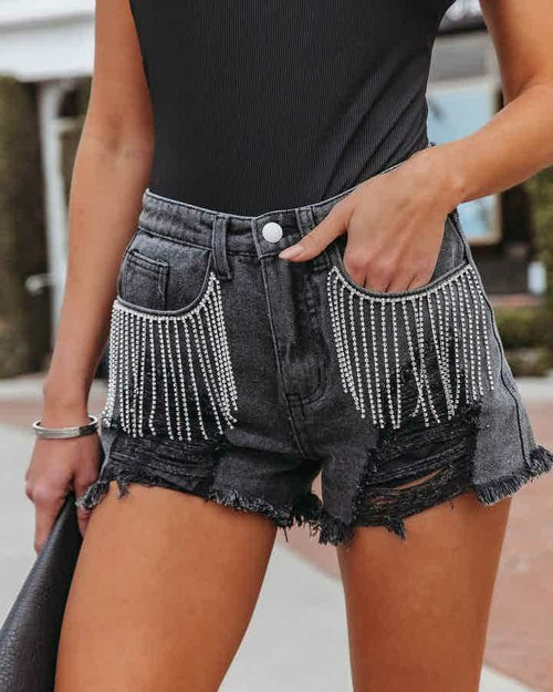 Casual Frayed Denim Shorts with Chain and Tassels
