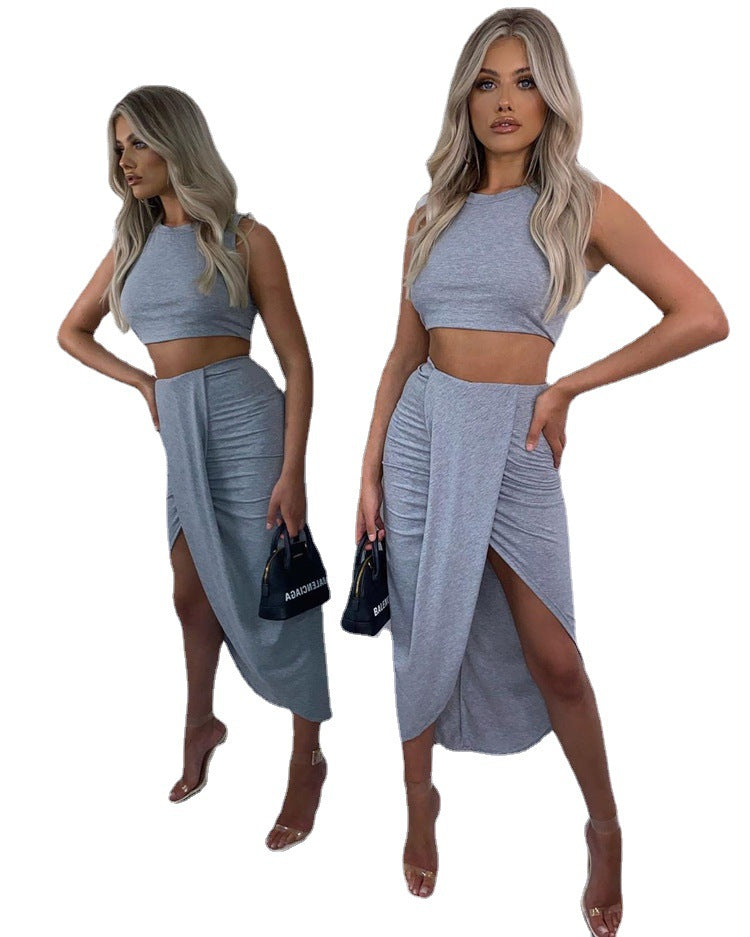 European And American Solid Color Vest Fold Split Long Skirt Two Pieces Fashion Casual Set