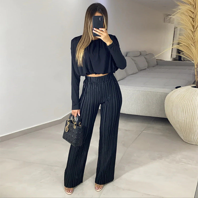 pleated High Waist Casual Pants Set with Round Neck Short Sleeve Top