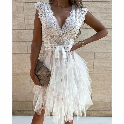 Sexy Lace V-neck Midi Dress with Short Sleeves