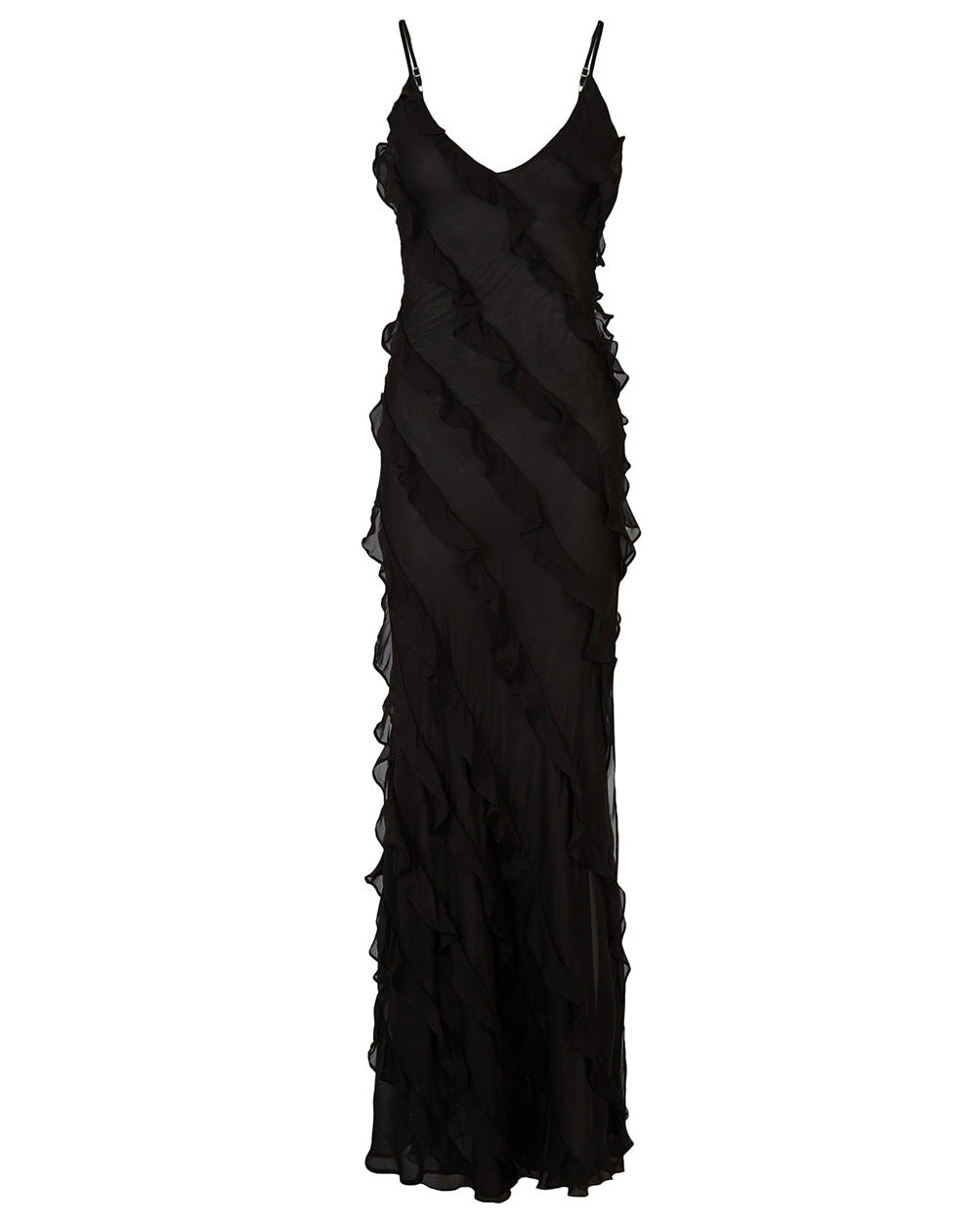 Backless Maxi Dress with High Slit and Ruffle Hem