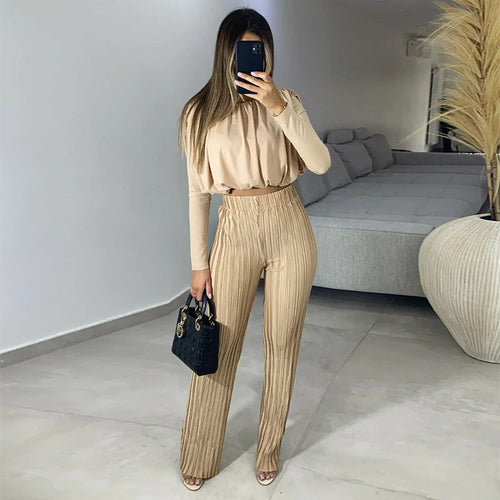 pleated High Waist Casual Pants Set with Round Neck Short Sleeve Top