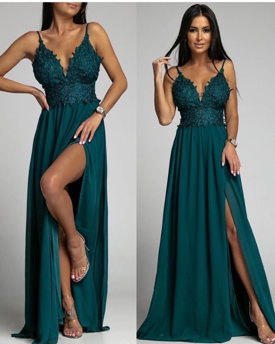 V-neck Chiffon Patchwork Evening Dress