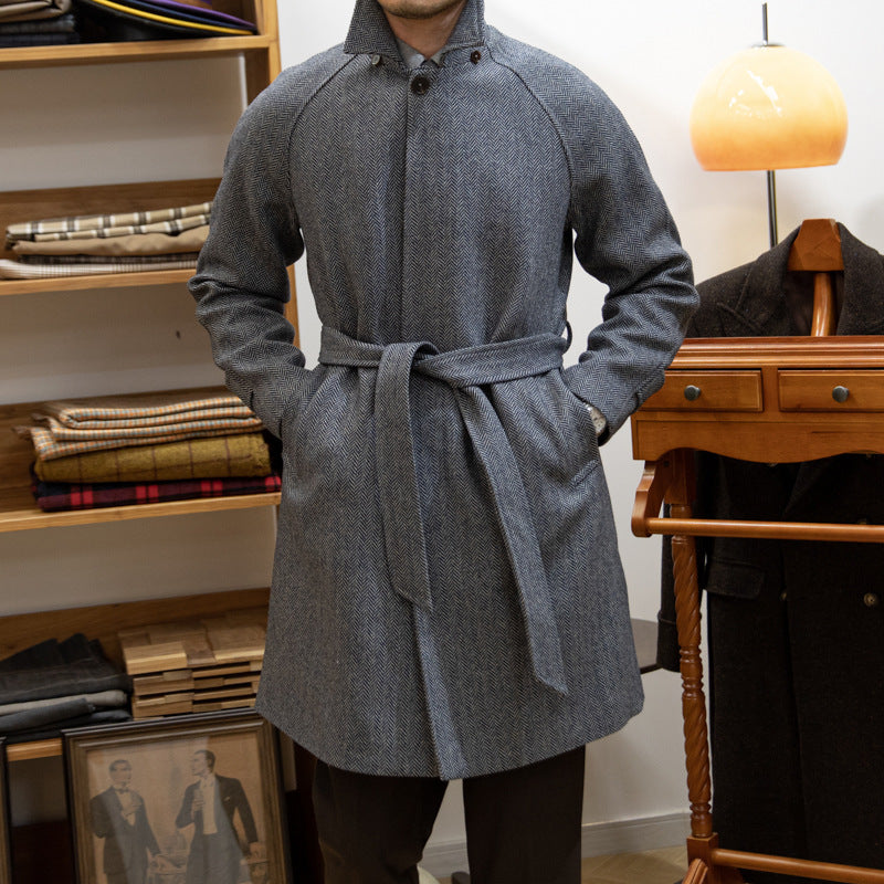 Japanese Leisure Mid-length Coat Herringbone Wool Slim Fit