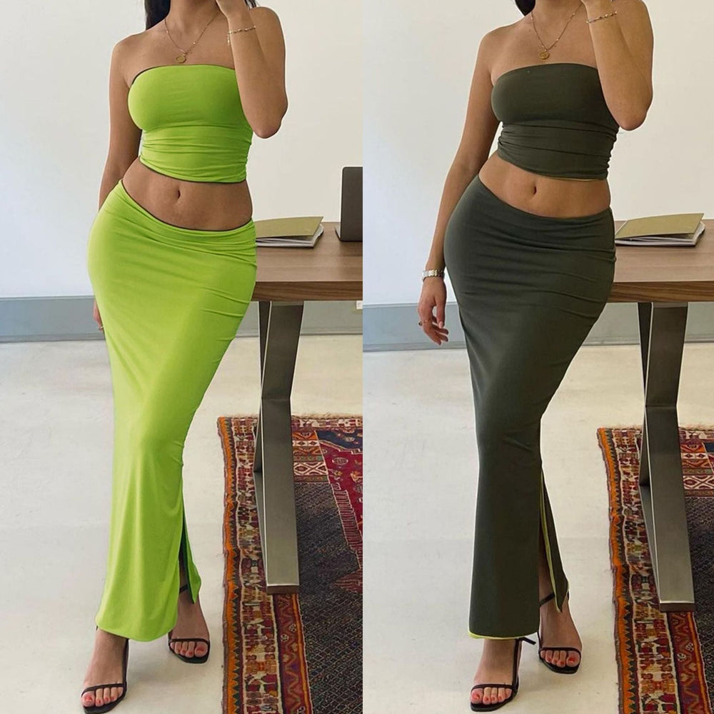 Two-Tone Reversible Halter Top with High Slit Skirt